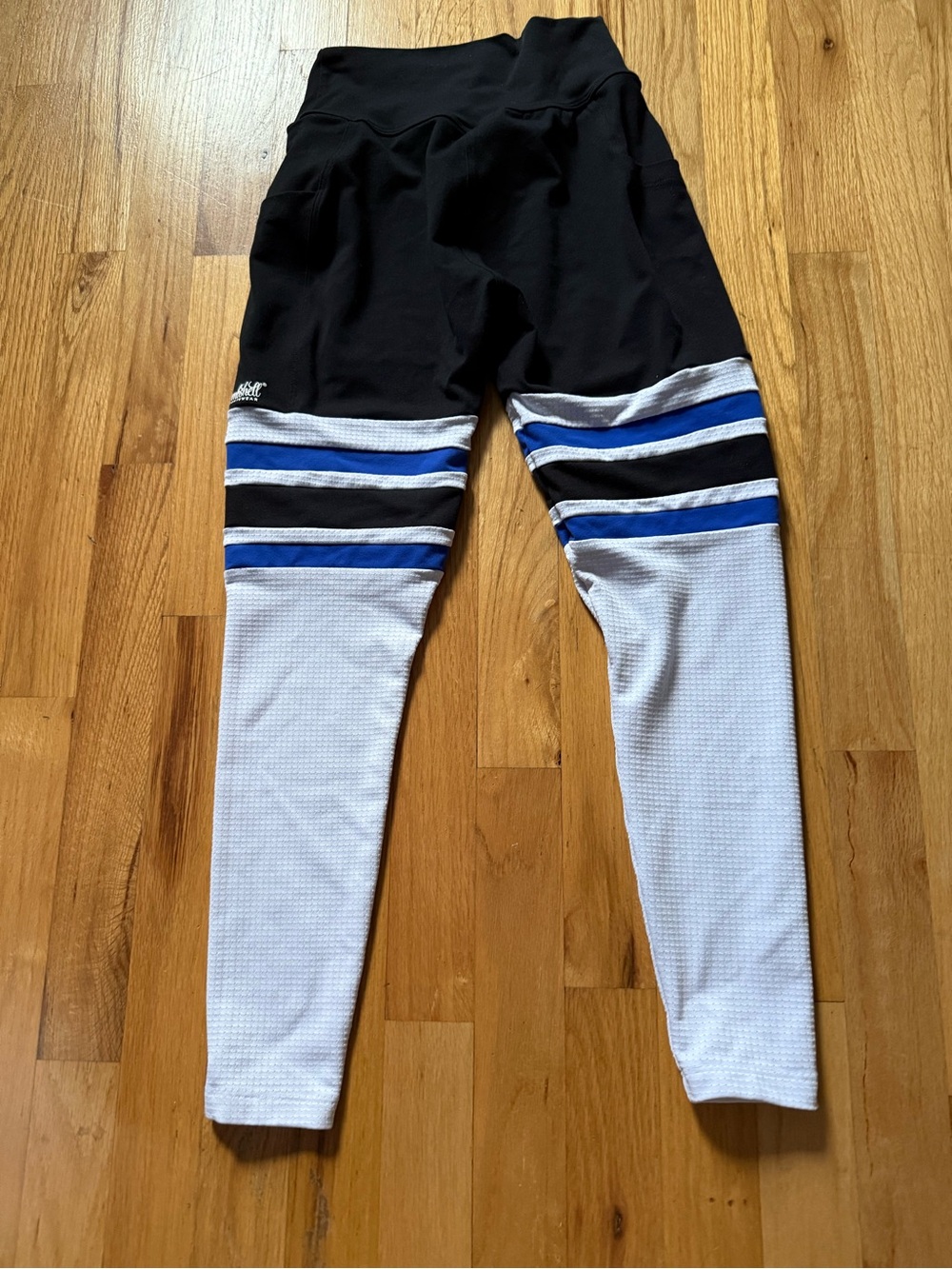 Bombshell Sportswear Black and White Leggings with Blue Stripes size M - Picture 2 of 5